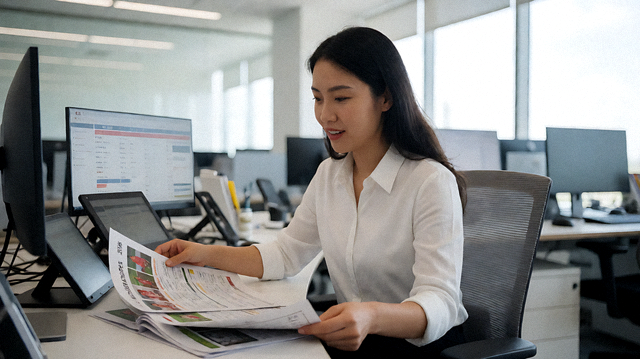 体育新闻编辑室内，编辑在屏幕前整理赛事资讯与战报的场景